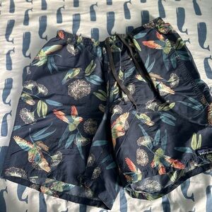 Patagonia Navy Swim Shorts with Tropical Parrot Print